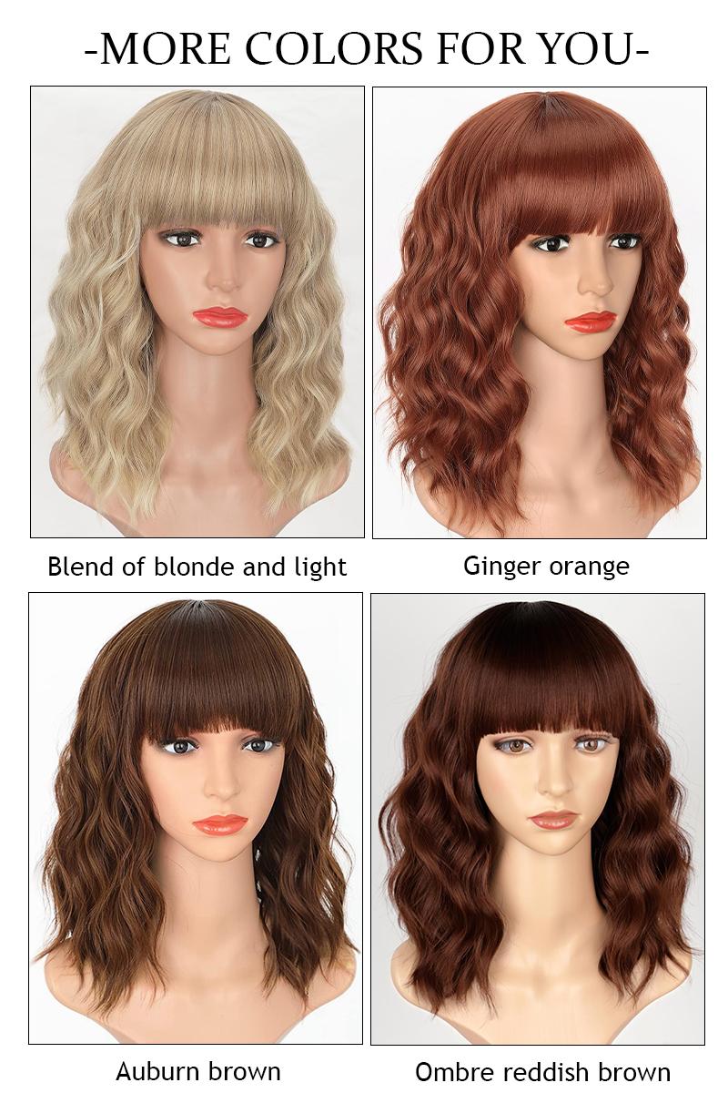 [ AISI HAIR ] Curly Bob Wig with Bangs Short Wavy Wine Red Color Wigs for Women Bob Style Synthetic Heat Resistant Bob Wigs