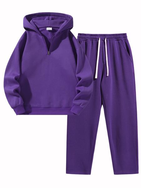 Men'S Plain Drop Shoulder Sweatsuit Set, Casual Half Zip Hoodie & Drawstring Sweatpants With Pocket Men'S Plain Drop Shoulder Sweatsuit Set, Casual Half Zip Hoodie & Drawstring Sweatpants With Pocket