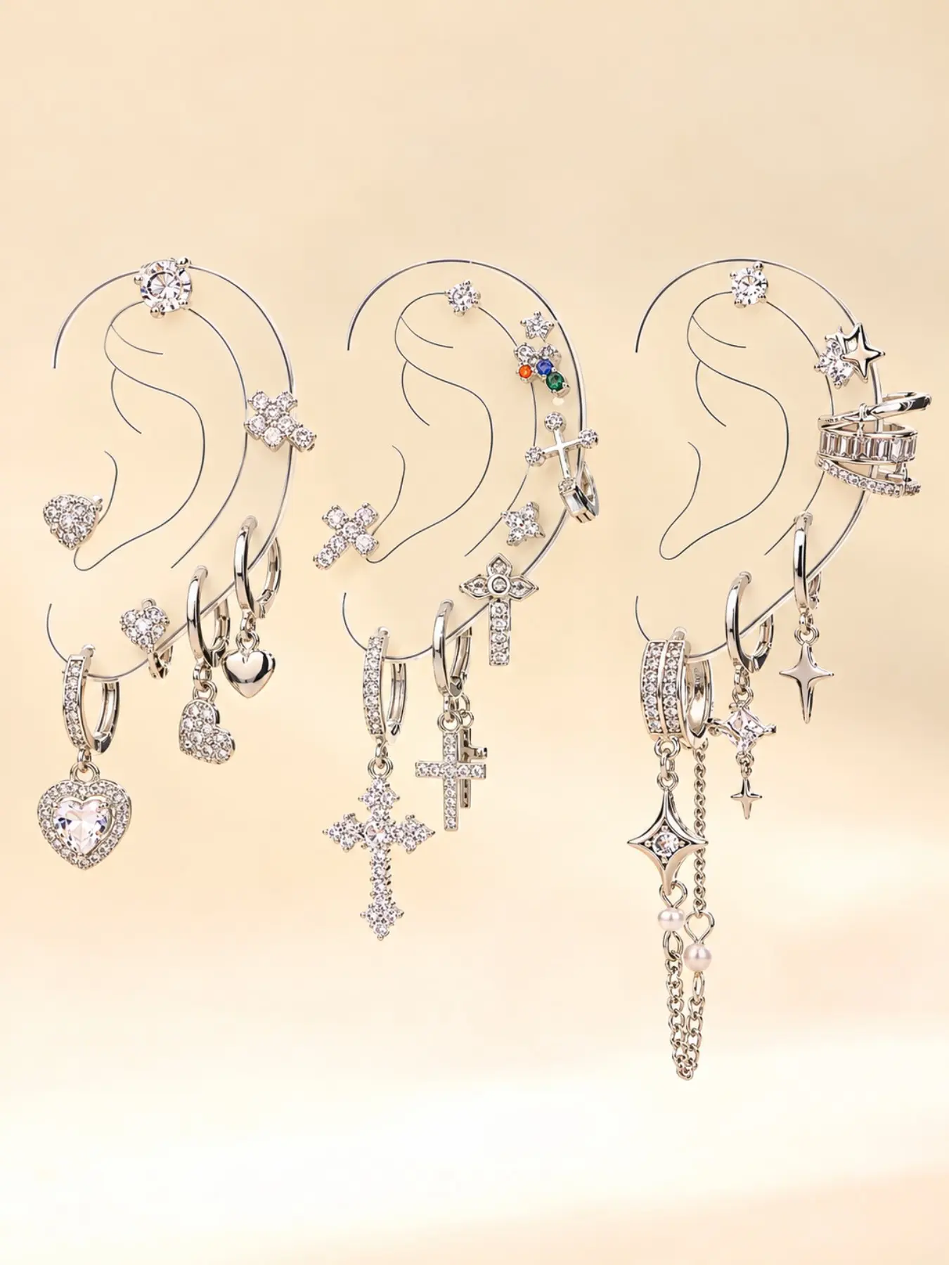 Women's Rhinestone Decor Earring Set, Cool Earrings, Star & Heart & Cross & Chain Design, Unique Jewelry for Birthday Gift, High Quality Earrings, Trendy Accessories, Shining Earrings, Sparkling Ear Jewelry