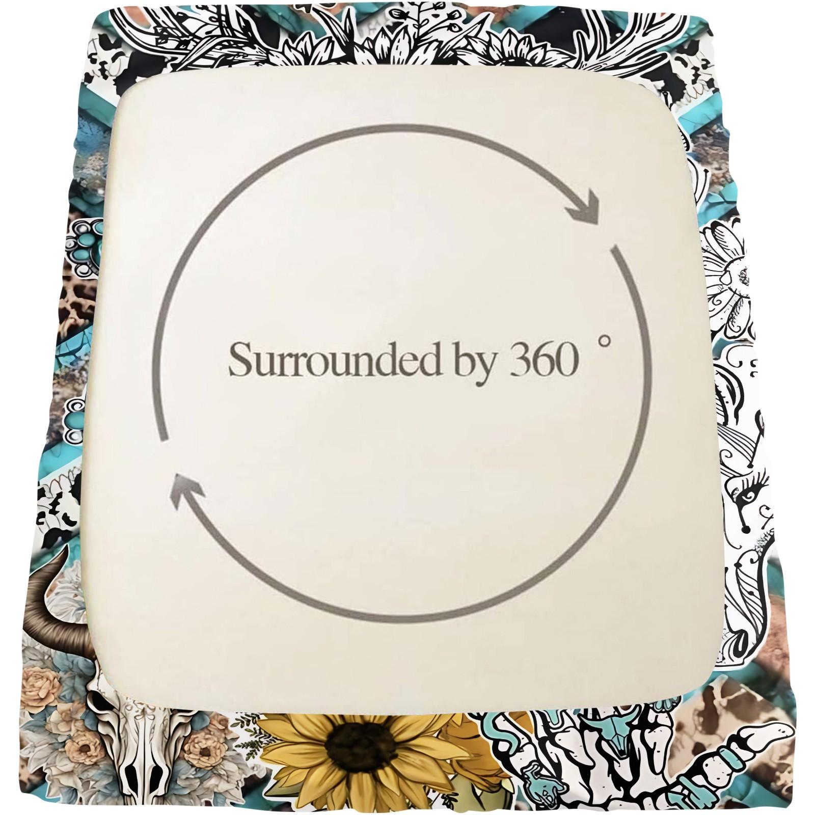 Western Retro Style Patchwork Letter C 3pcs Fitted Sheet Set,Featuring Bull Head, Sunflower,Leopard Print, Cow Print,Abstract Floral Elements Bedding Set,Comfortable Fiber Bed Cover,Perfect  Forclassic Retro  Decor!Includes 2 Pillowcases,No Pillow Core.