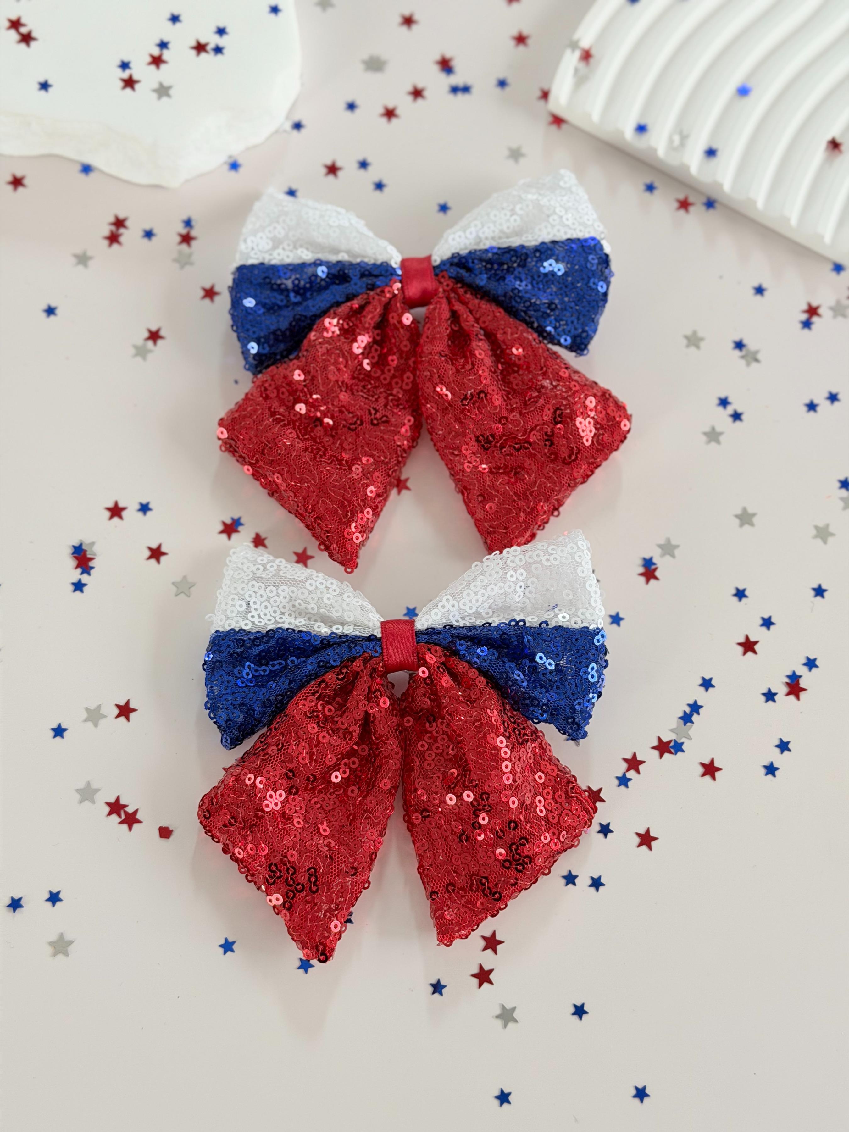 Women's Independence Day Hair Clips Blue Sequins Bow Patriotic Theme Party Headwear, 2pcs Ladies Hair Accessories