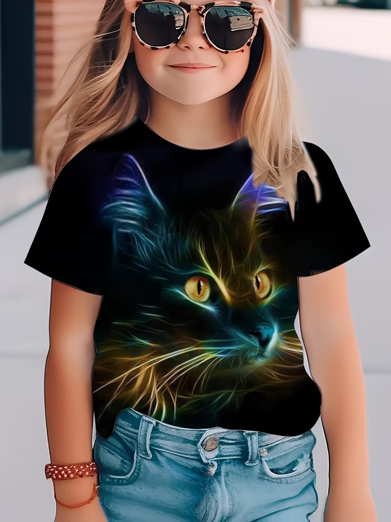 Short Sleeve T-Shirt with Cat Pattern, Cute Graphic Top for Girls, Summer Fashion Casual Loose-Fit Tee