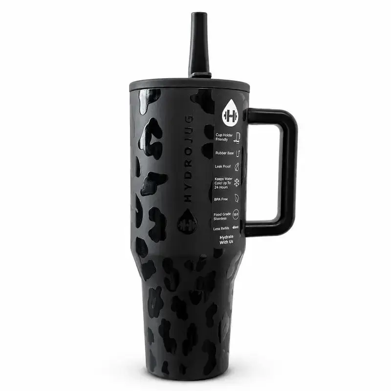 HydroJug 40oz Portable Stainless Steel Insulated Vacuum Flask Water Bottle - Black Cow Pattern, Handle, Flip-Top Straw, Non-Slip Bottom, Car Cup Holder-Fit, Ideal for Commuting, Outdoor Use, Insulated Mug Tumbler Vacuum Flasks, Insulation