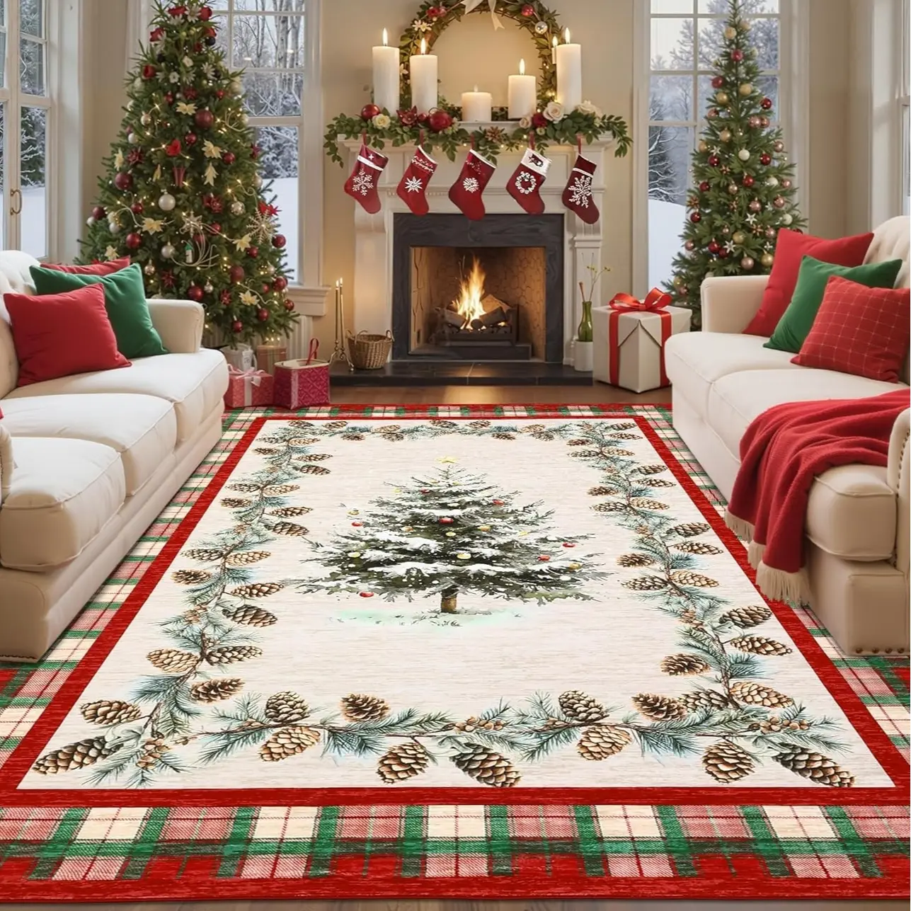 Christmas Tree Plaid Carpet, Non-Slip Soft, Holiday Home Decor Gift, Suitable for Living Room Bedroom Office Dining Area, Home Decor Rugs, Decorative Area Rug, Cozy Area Rug, Indoor Area Rugs