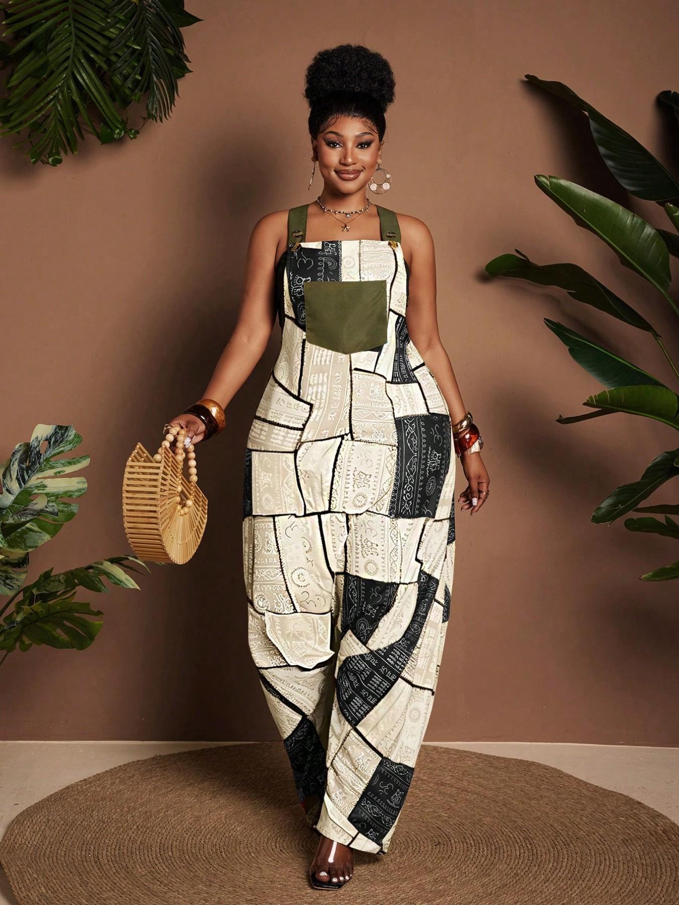 Women's Patch Printed Jumpsuit, Loose Wide Leg Workwear, Bohemian Fashion Style, Ideal for Vacations, Beach Trips, Music Festivals