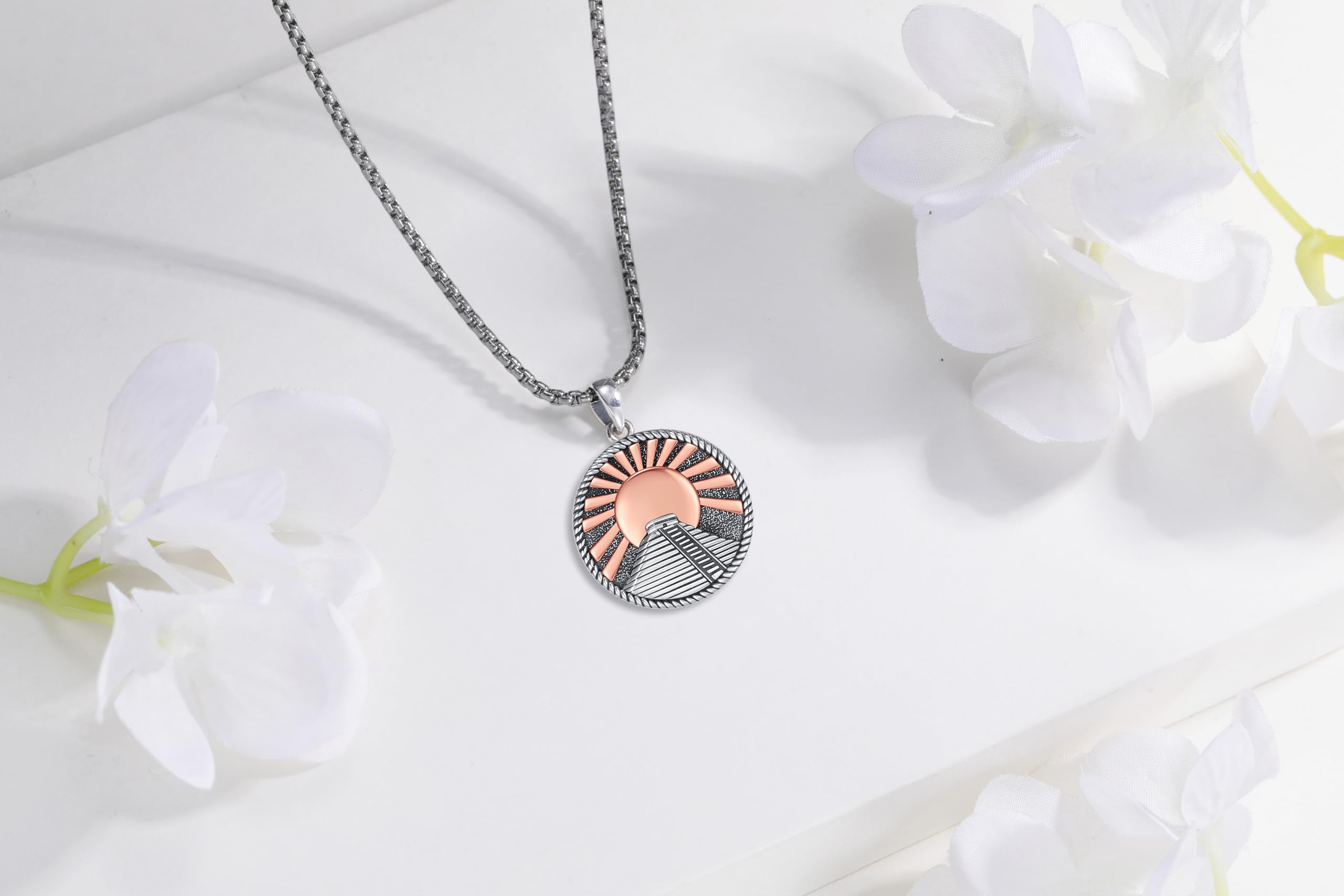 DRINSPER Aztec Pyramid Necklace 925 Sterling Silver Pendant Maya Culture Jewelry