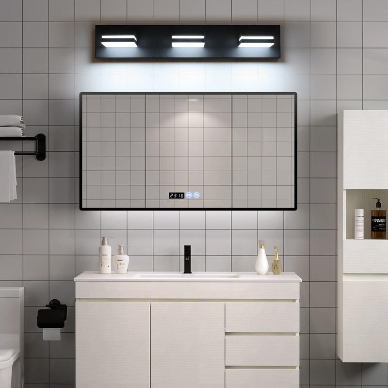 LED Modern Bathroom Vanity Light Fixtures 3-Light 19-Inch Matte Black Acrylic Wall Lighting Over Mirror Energy Saving 18W Cool White Rotatable Design