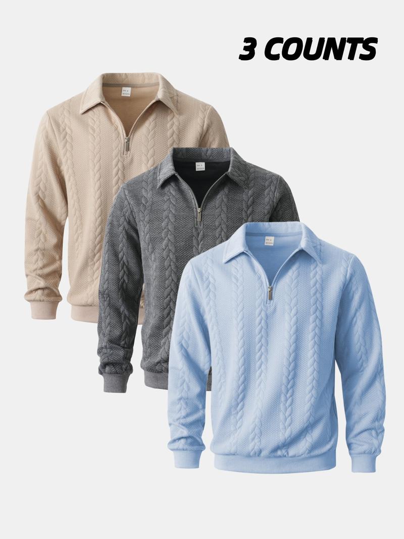 3-Pack Men's Half-Zip Pullover Sweaters, Cable Knit Collared Tops, Stylish Comfortable Casual Sweatshirts for Men's Spring/Fall Daily Wear & Fashion Styles