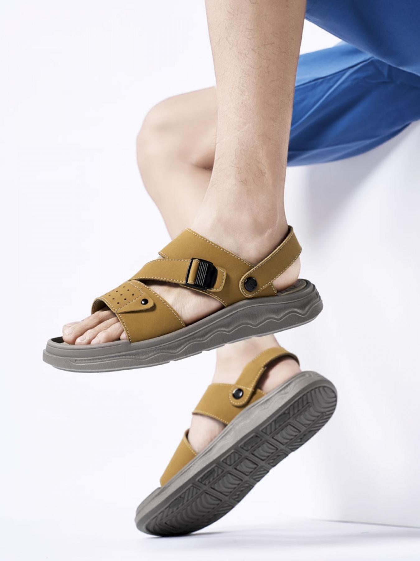 Men's Solid Color Dual-Wear Velcro Sandals Thick-Soled Breathable Beach Shoes Non-Slip Wear-Resistant Outdoor Water-Slippers