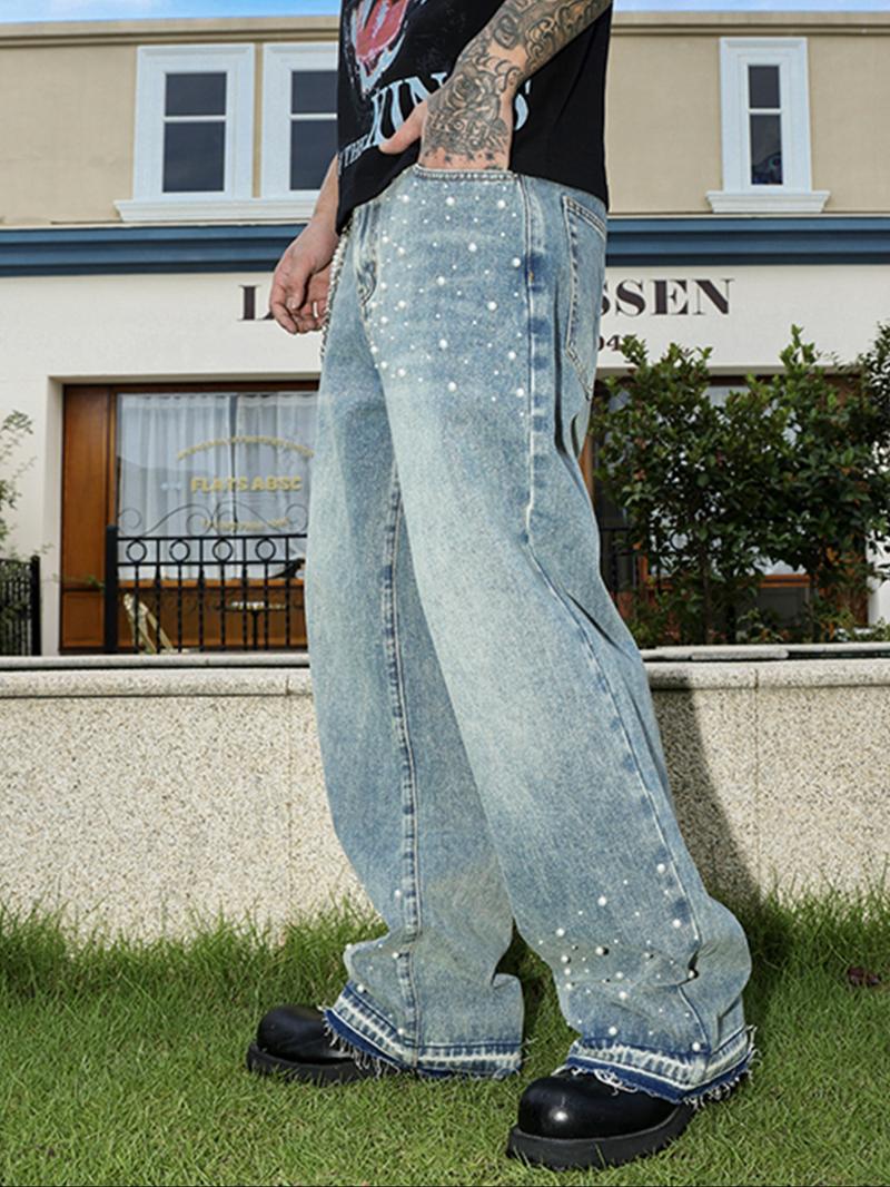 Four-Season Washed Light Blue Handmade Beaded Loose Straight Leg Jeans, Y2K Casual Streetwear, Perfect Gift for Husband or Boyfriend