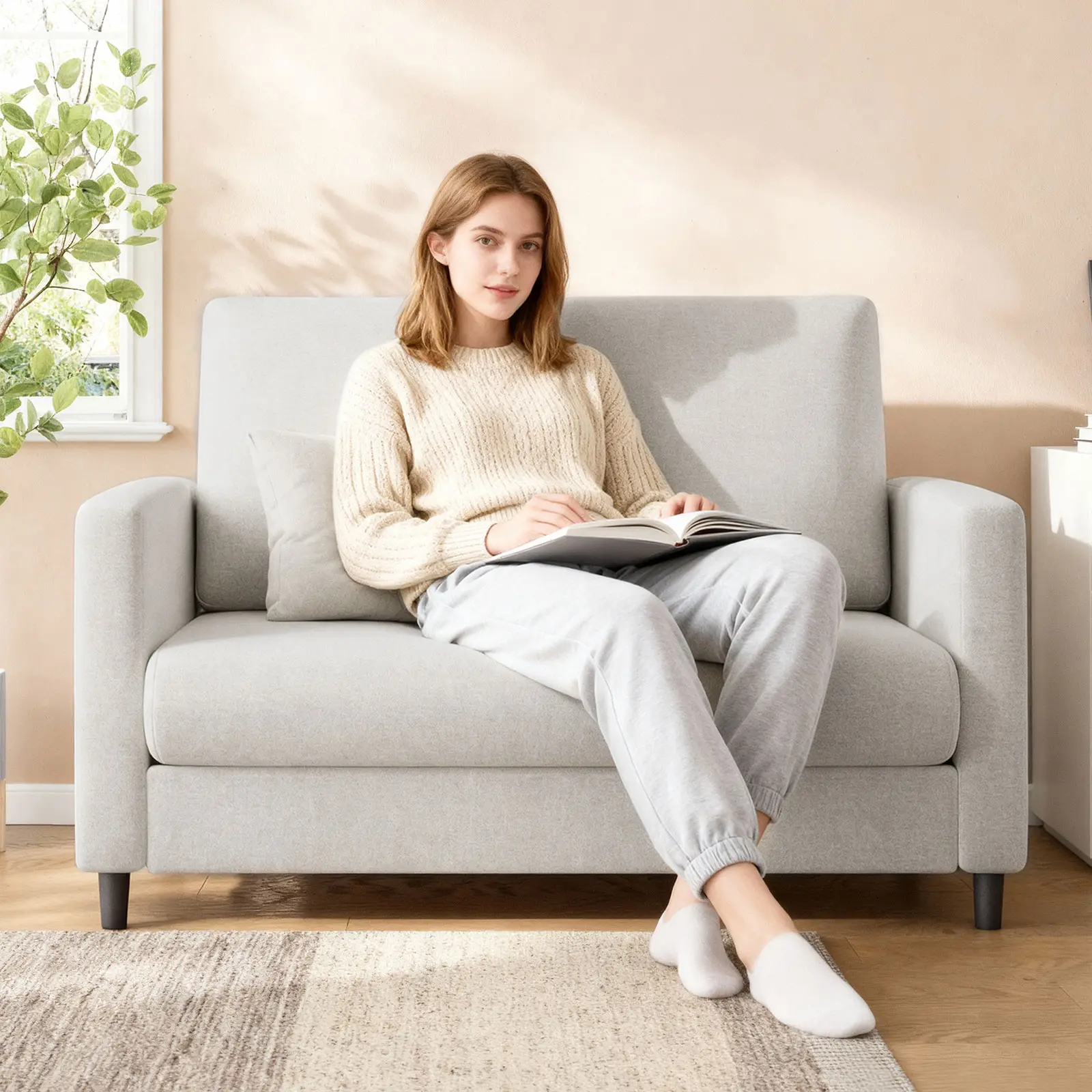 52-Inch Minimalist Compact 2-Seater Loveseat Sofa, Soft Fleece Fabric Curved Back Couch with Pocket Spring, Tool-Free Space-Saving Indoor Furniture for Living Room, Apartment, Blue Gray