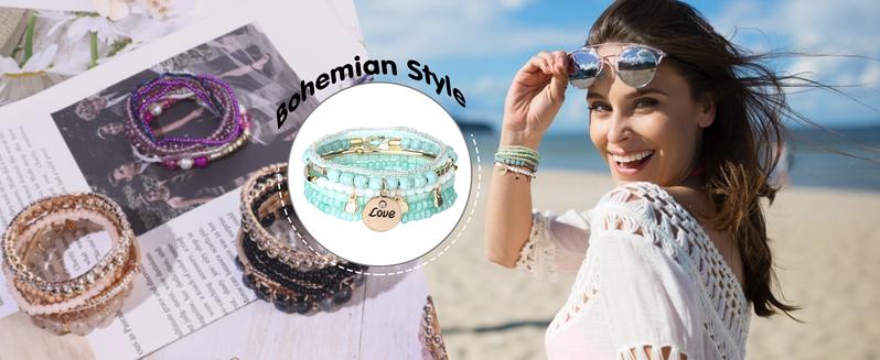 LOYALLOOK 6 Sets Bohemian Stackable Bead Bracelets for Women Stretch Bohemian Style Stretch Multilayered Boho Bracelet Set