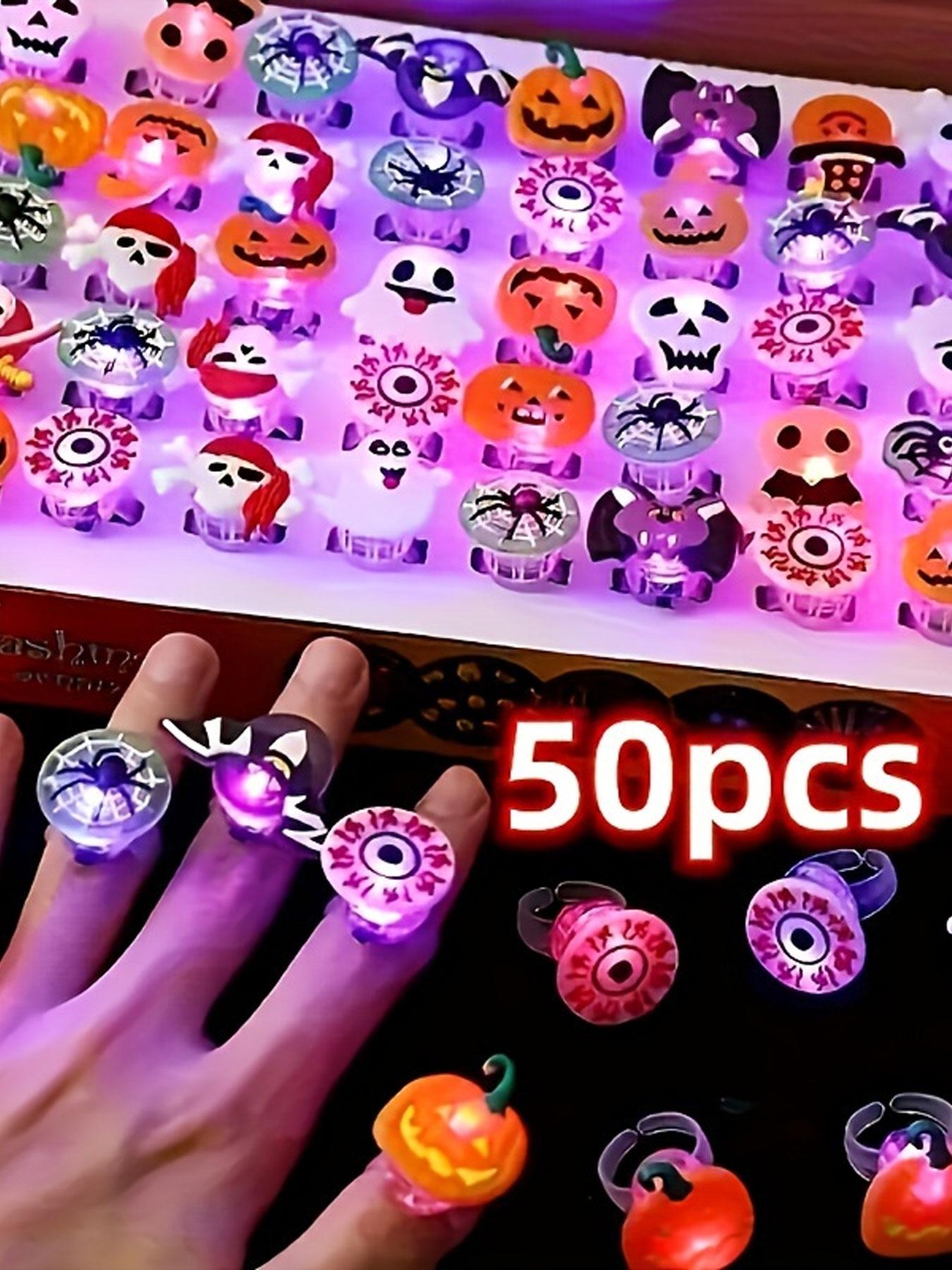 50 LED Halloween Christmas Rings, Cute Animal Flower Fruit Pumpkin Ghost Skull Santa Party Ring Gift, Holiday Decorations