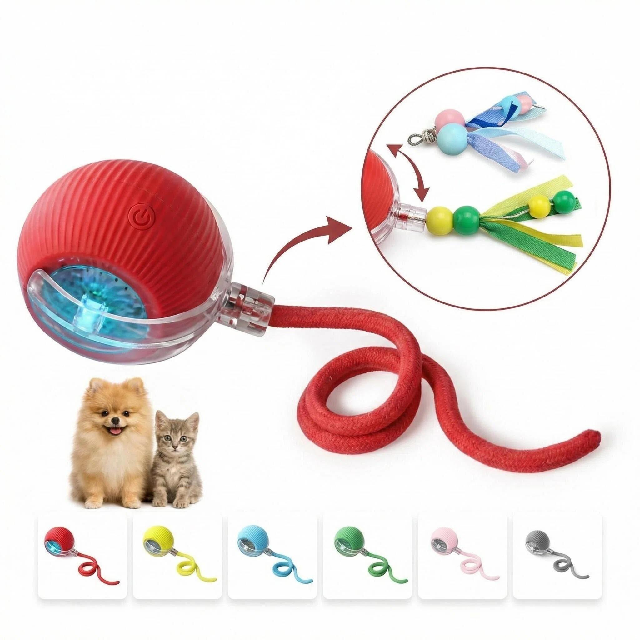 Automatic Self-Playing Pet Toy - Durable TPR Smart Ball with LED Light & Long Tail, Motion Activated Interactive Dog Cat Toy for Anxiety Relief, Silent Design for Home Use