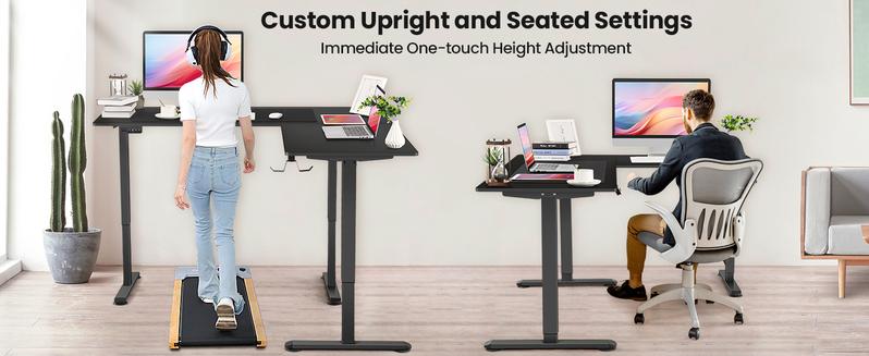 63"x55"x24" Electric L-shaped Standing Desk Computer Table with Mouse Pad Corner Sit-stand Desk for Home Office Gaming Room, 28"H-46"H Height Adjustable Spacious Desktop, 2 Pre-set Memory Height Headphone Hook Cable Management, Multiple Monitors