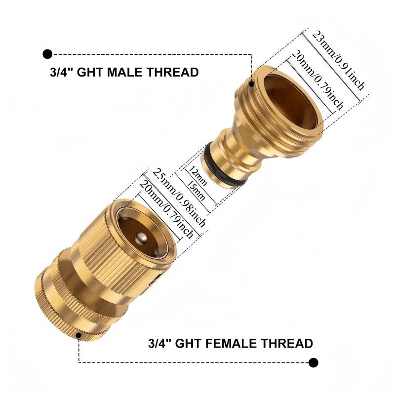 Garden Hose Quick Connector, 1 Set Solid Brass 3/4 Inch GHT Thread Fitting, No-Leak Water Hose Female & Male Adapter, Garden Hose Quick Connect Fittings, Garden Hose Connectors, Summer Gardening Tool Accessories