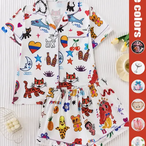 Women's Cartoon Full-Print Sleepwear Set, Premium Fabric, Soft and Smooth, Loose Fit Button-Up Short Sleeve Top and Shorts, Casual All Seasons