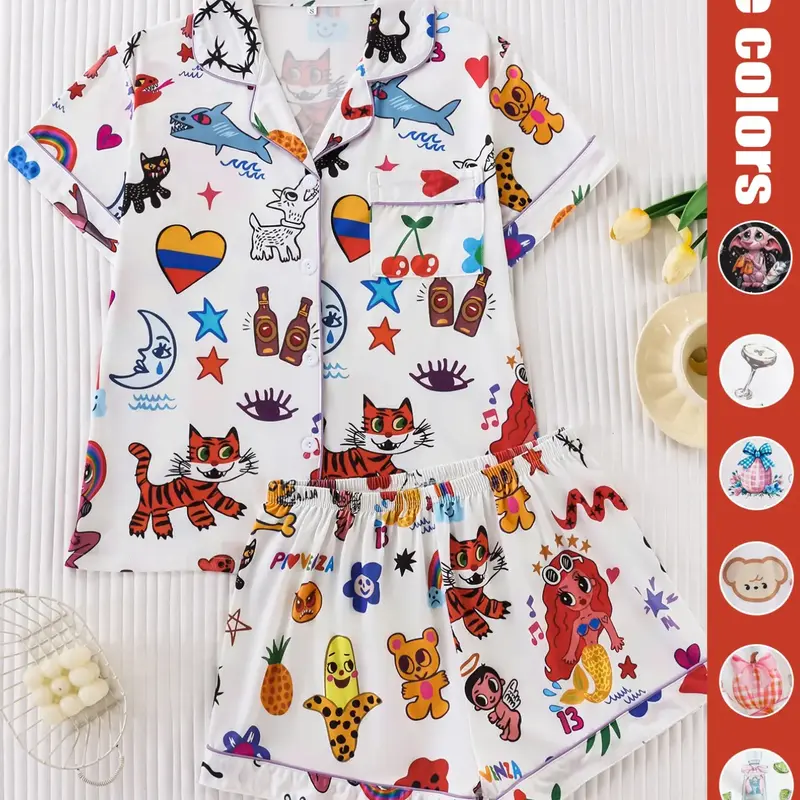 Women's Cartoon Full-Print Sleepwear Set, Premium Fabric, Soft and Smooth, Loose Fit Button-Up Short Sleeve Top and Shorts, Casual All Seasons