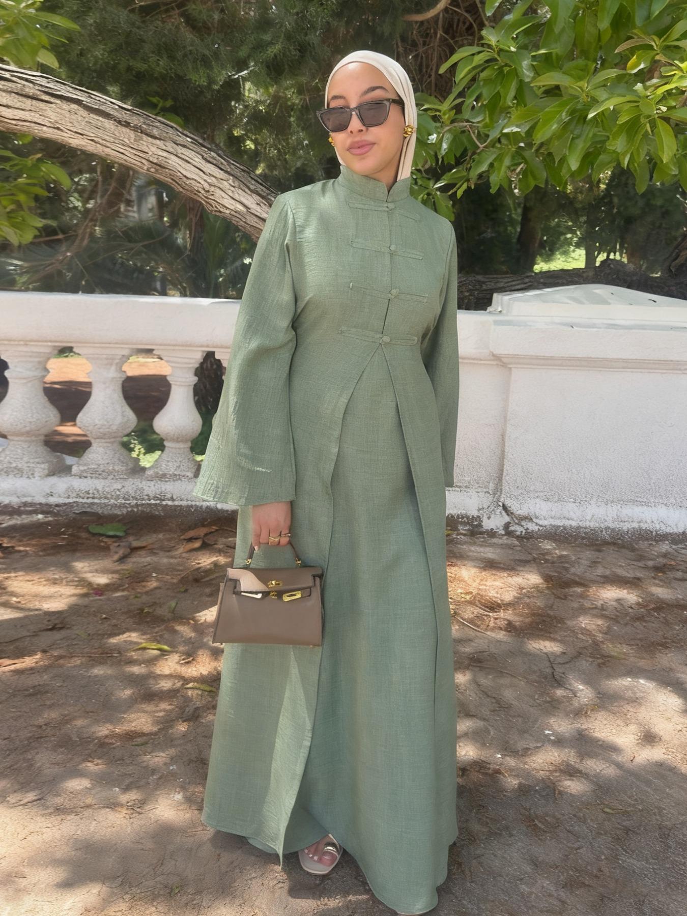 Women's Ramadan Muslim Abaya Solid Color Elegant Cardigan + Long Sleeve Dress Set, Casual Slim-Fitting Two-Piece, Modest Muslim Outfits, No Hijab Included