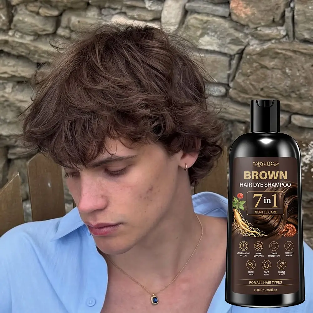 100ml brown hair dye shampoo, easy to operate at home, suitable for adult men and women's hair dye shampoo, natural herbal ingredients turmeric and Polygonum multiflorum, delicate texture, moisturizing and hair care, suitable for white hair