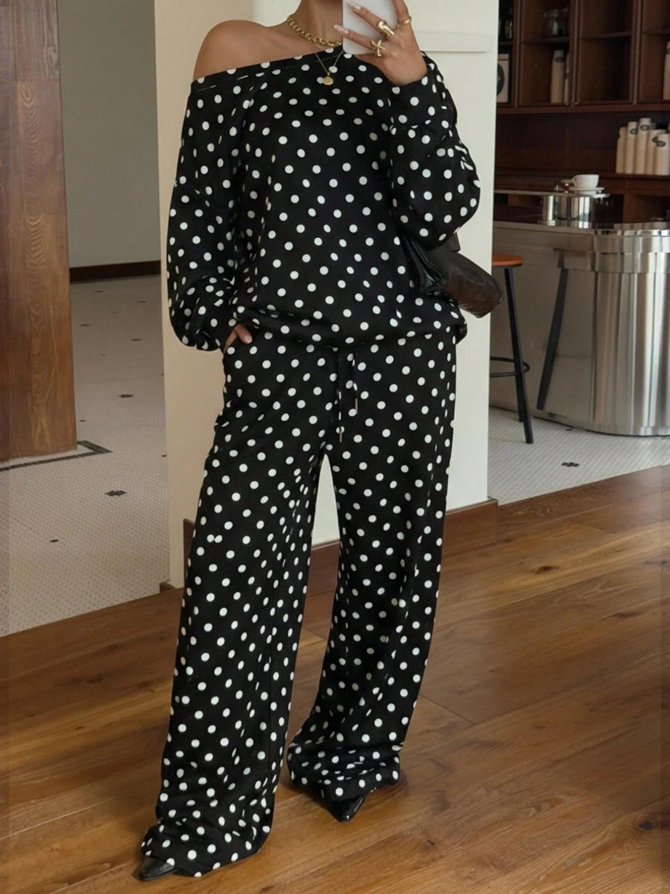 2026 Fall Women Polka Dot 2 Piece Matching, off Shoulder Long Sleeve Top, Adjustable Drawstring Wide Leg Pants, Casual Loungewear Set