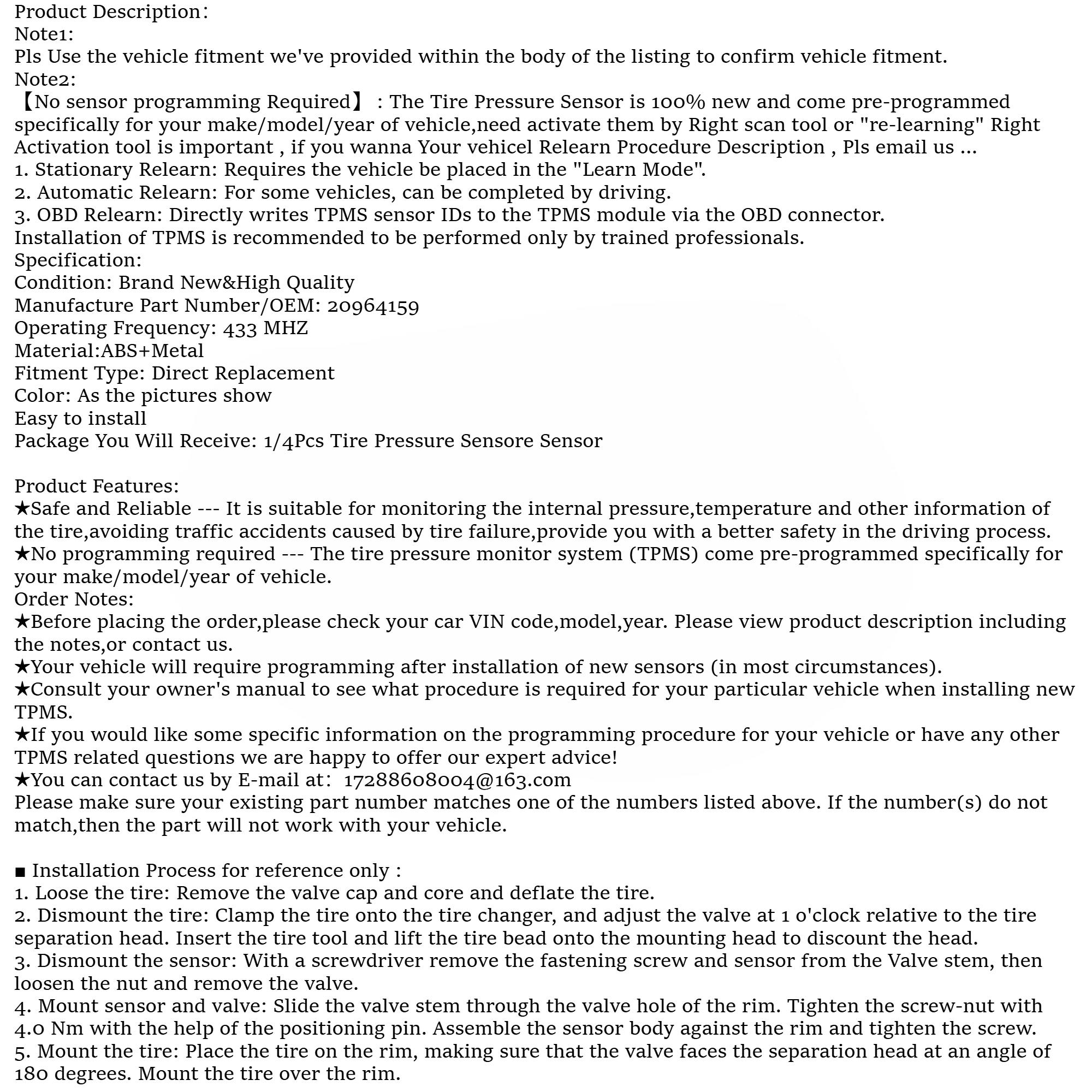 1Pcs/4Pcs OEM#20964159 #433MHZ TPMS/Tire Pressure Sensor For:#BUICK(ENCLAVE ENCORE-GX LACROSSE REGAL) #CADILLAC(ATS CT6 CTS ESCALADE SRX XT4 XT5 XT6) #CHEVROLET(BLAZER CAMARO CAPTIVE CRUZE IMPALA MALIBU SILVERADO TRAILBLAZER TRAX VOLT) #GMC #OPEL...