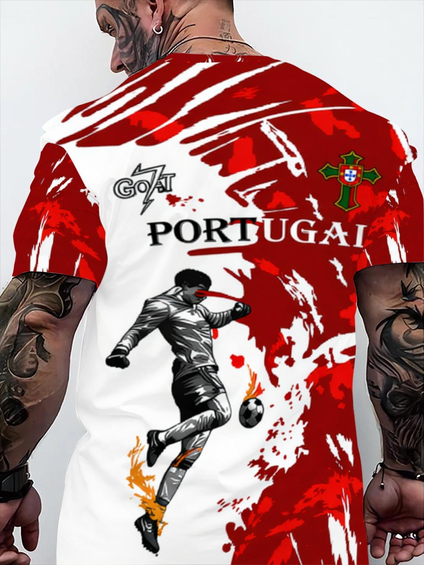 Portugal Football Theme Men's Short Sleeve T-Shirt, Men's Trendy Printed Sports Top, Red and White Color Casual Wear