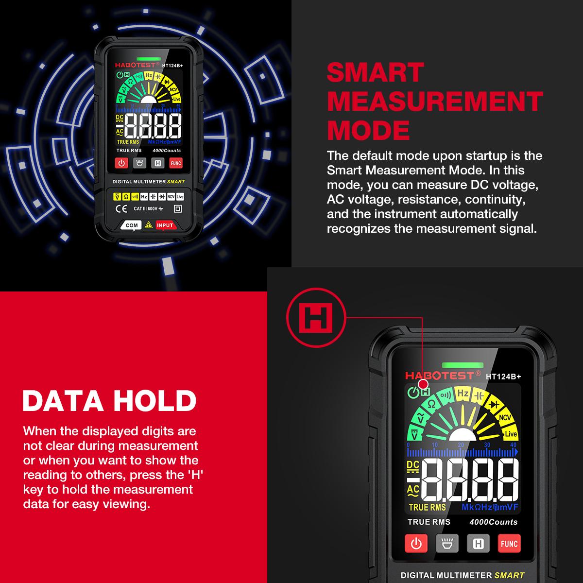 HABOTEST HT124B+ Smart Digital Multimeter 2.5-inch Color LCD Screen 600V AC/DC Voltmeter 4000 Counts True RMS Auto Ranging Voltage Meter NCV Live Wire Tester Resistance Capacitance Frequency Hz