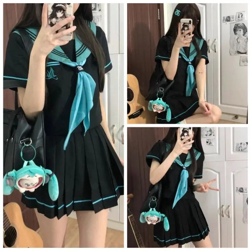Hatsune Miku Japanese School Uniform Set Women Summer Sailor Suit Top Pleated Skirt Two Pieces Set Dress Polyester Fiber Gift