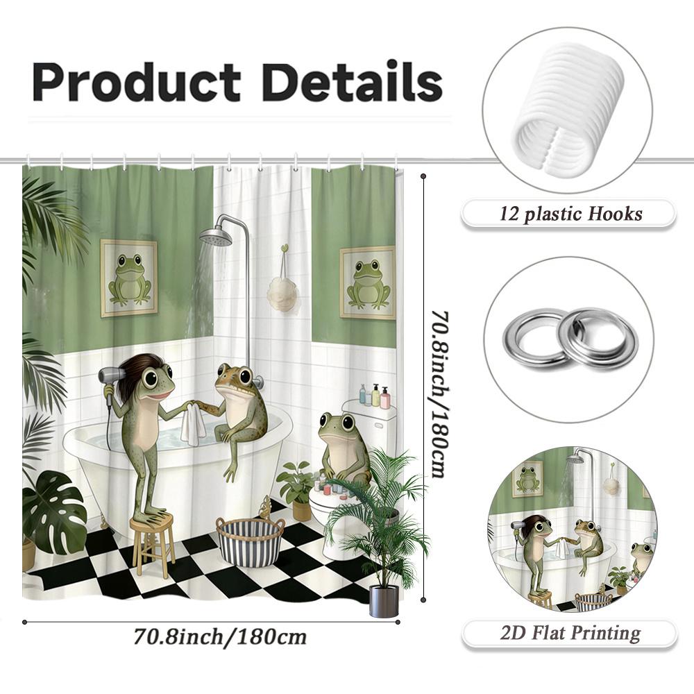1pc 2D Flat Funny Frog Shower Curtain Bathroom Decor Bath Curtain with 12 plastic Hooks 70.8x70.8 Inch Featuring Cartoon Frogs in Bathtub and Nature Theme Wall Art for Unique Bathroom Style