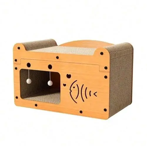 Cat Scratcher House, 2 in 1 Cat Bed and Cave with Hanging Ball Toys, Wooden Scratching Board for Kittens and Adult Cats