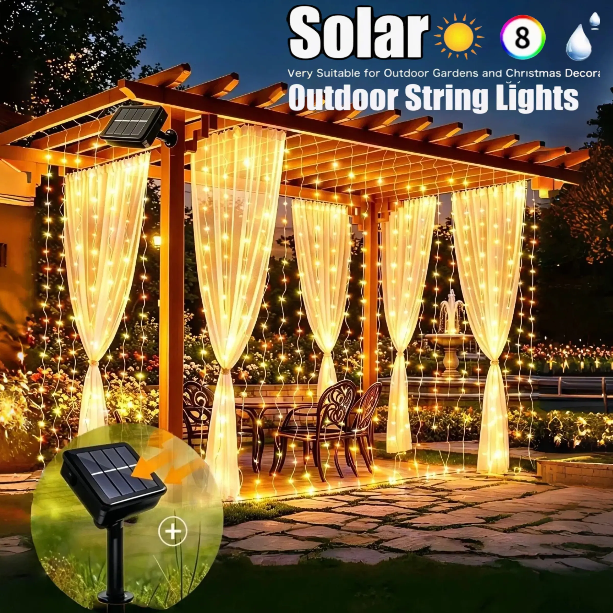Solar LED Curtain Light, 300/200/100 Leds, 8 Modes, Ip65 Waterproof, Outdoor Garden Light, Party Wedding Holiday Decor, Decorative Led Light