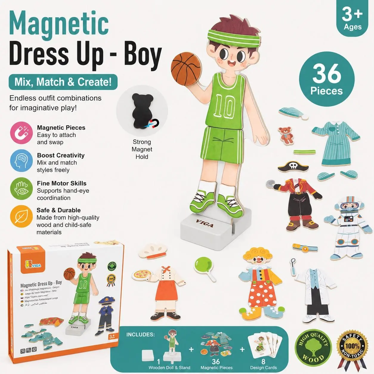 Magnetic Dress-Up Boy Doll for Kids 3+, Mix & Match with Wooden Stand, Boost Creativity & Fashion Sense, School Tool Gift