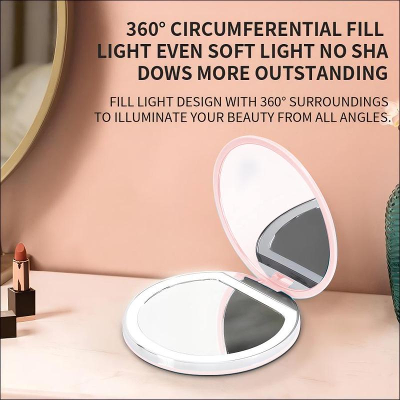 Magnifying Cosmetic Pocket Mirror, 1X/2X Magnification LED Compact Travel Makeup Mirror with Light for Purse, 2-Sided, Portable, Folding, Handheld, Small Lighted Mirror for Gift, Rechargeable Makeup Mirror