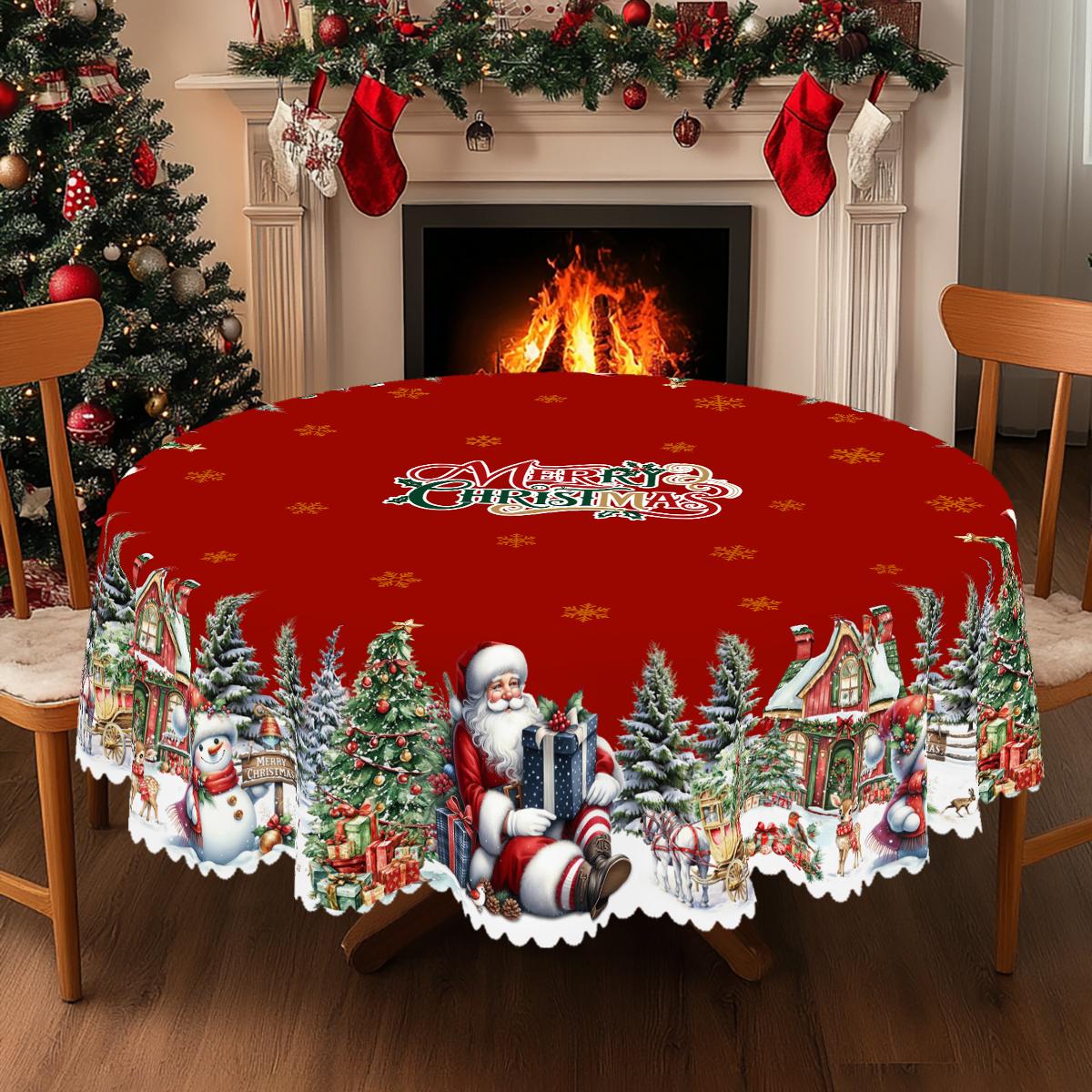 PLUMLIK Red Christmas Tablecloth with Santa Claus, Reindeer, Snowman Patterns, Christmas Decor 2025, Christmas Party Decoration for Indoor&Outdoor, Vintage Round Rectangular Table Cloth, Holiday Home kitchen Festive Decor, Christmas Gifts