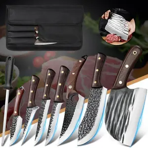MDHAND 8Pcs Kitchen Chef Knife Set Professional, High Carbon Steel, Hand Forged Butcher Knife, Meat Cleaver Boning Knife Viking Knife, with Roll Bag, Best Gift#fathersdaygift