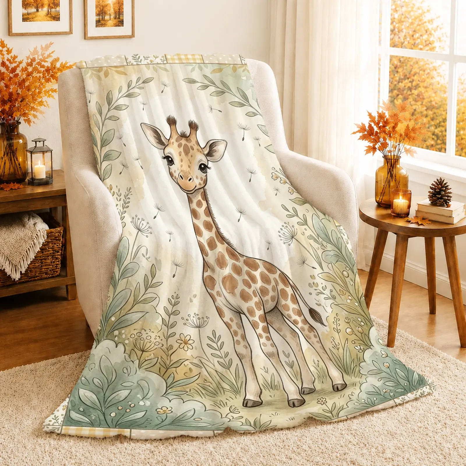1pc Giraffe Floral Blanket, Whimsical Cottagecore Style, Large Central Giraffe Illustration Surrounded by Delicate Botanical Elements, for Nursery Bedroom Reading Corner and Baby Shower Gift