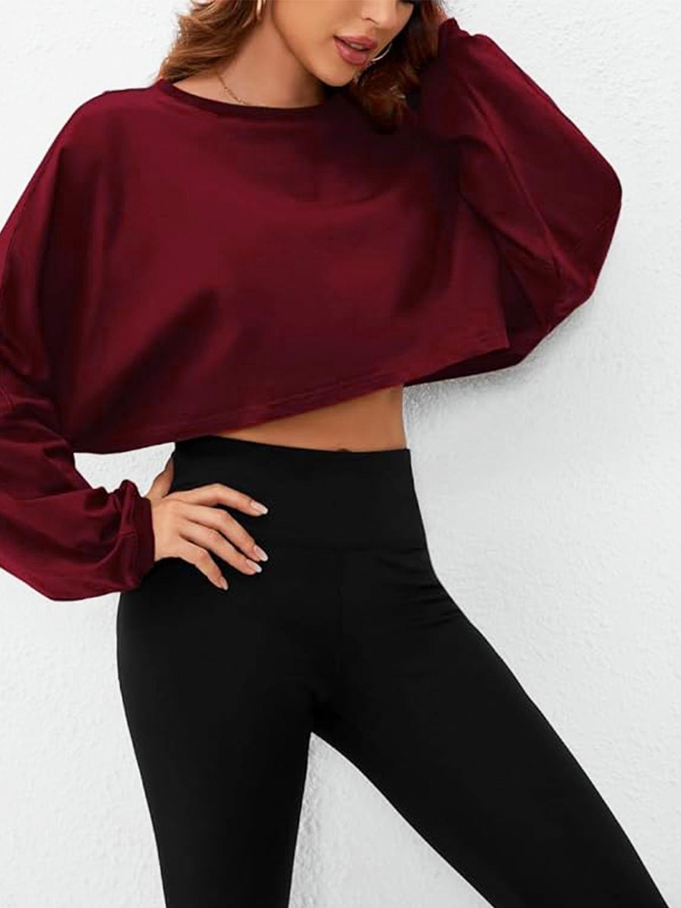 Women's Long Sleeve Round Neck Crop Top T-Shirt, Casual Solid Color Loose Pullover Sweatshirt, Perfect for Sports & Daily Wear, Casual Sporty Top
