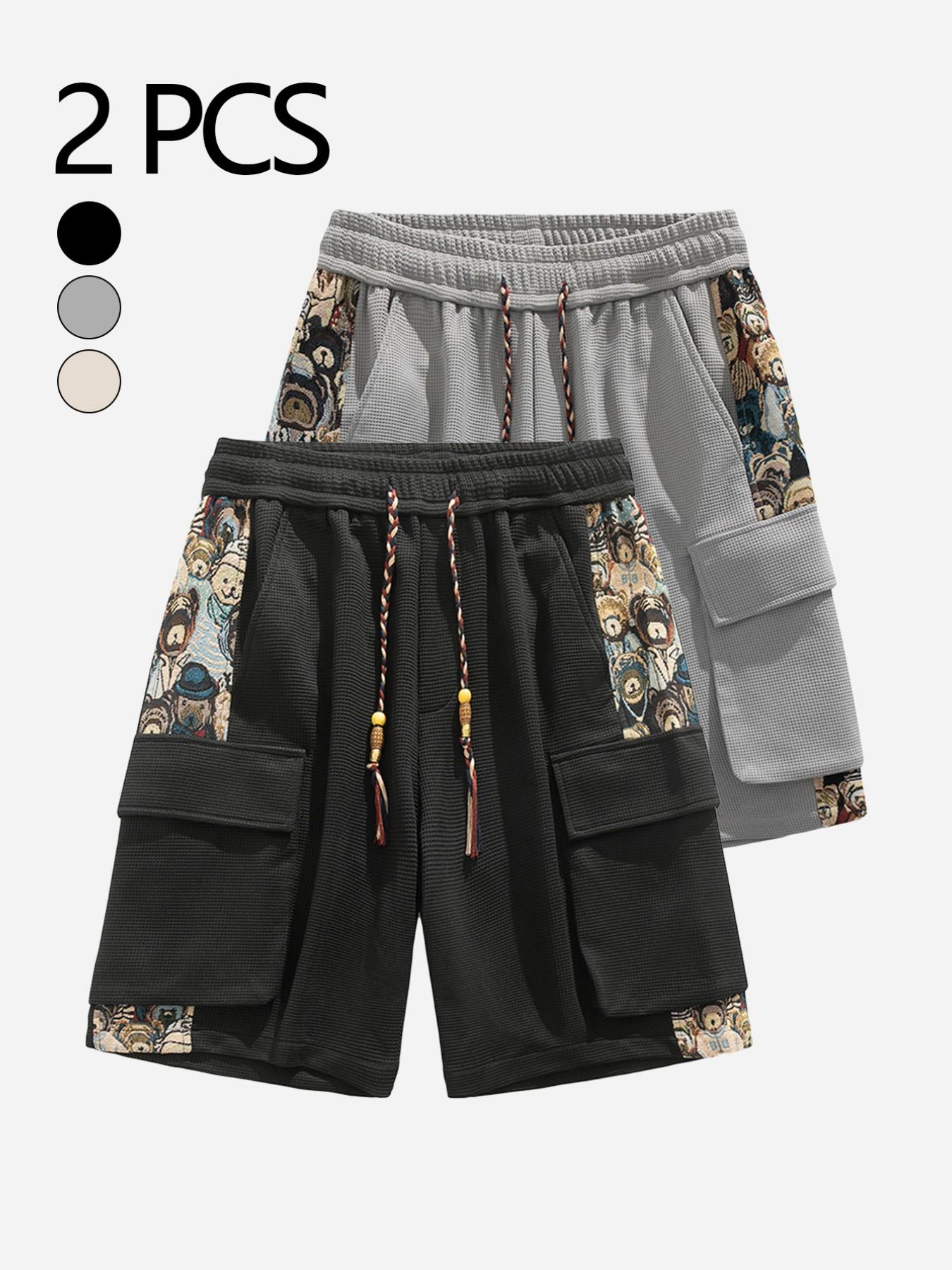 Men's Summer Cartoon Bear Embroidered cargo shorts, Loose-Fitting Breathable Waffle Vintage Style, Two-Piece Set, Fashionable and Comfortable