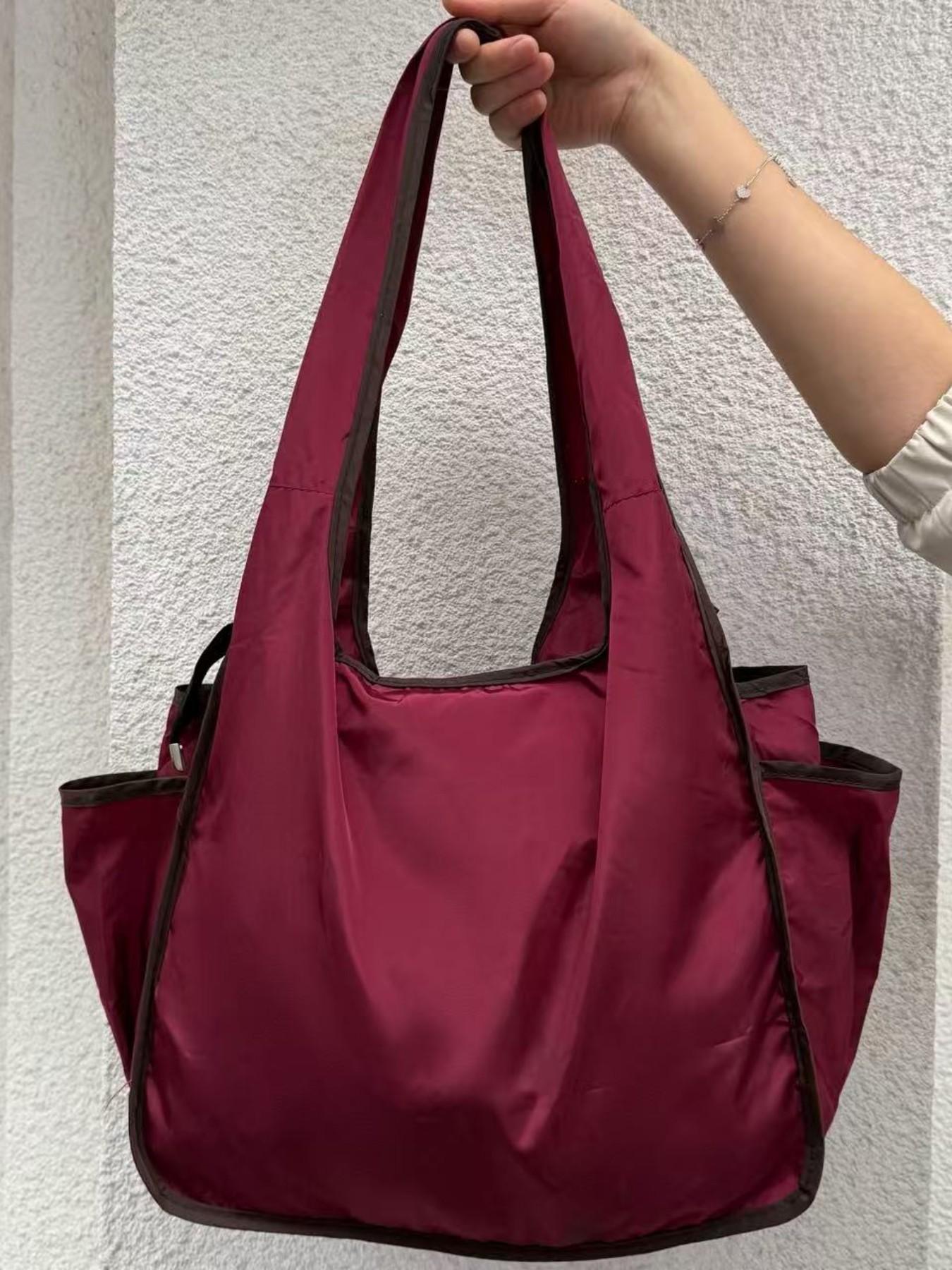 Foldable Nylon Tote Bag with Dual Pockets, Waterproof Soft Shoulder Bag for Women, Lightweight Shopping Bag, Large Capacity Daily Use, Multiple Colors Available