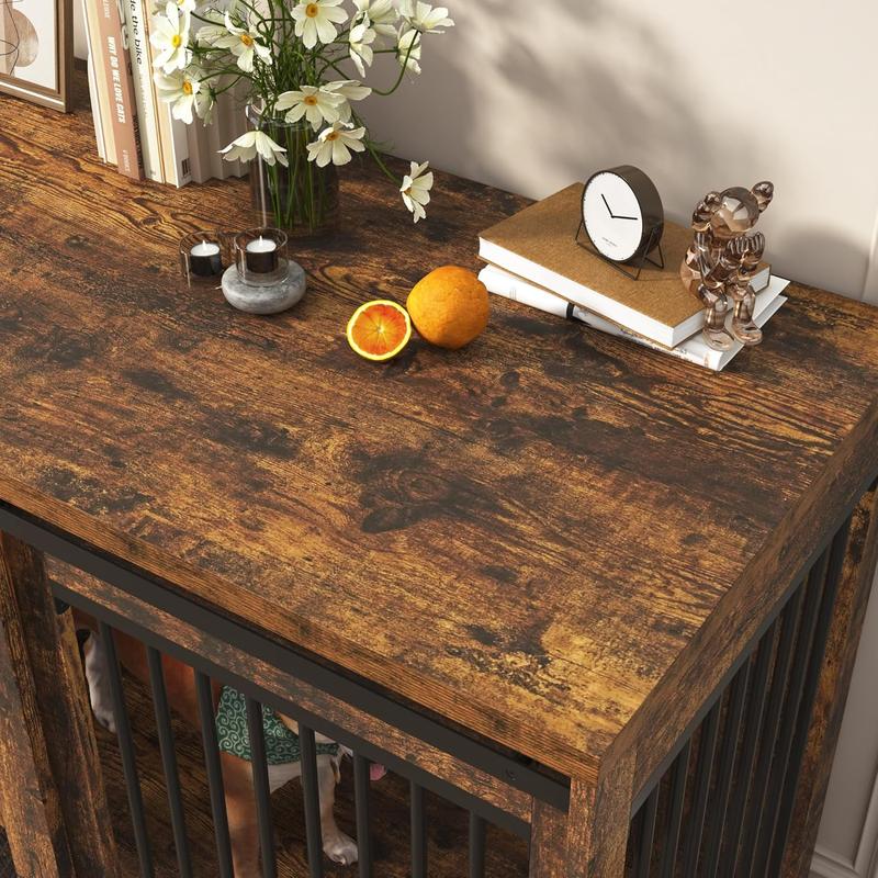 87In Farmhouse Dog Crate TV Stand, Wooden Dog Kennel Furniture with Sliding Metal Mesh Barn Door, Large Dog Crate Furniture for 2 Dogs, Solid Metal Tube & 2 Lockable Doors, White & Brown/Rustic Brown/Black