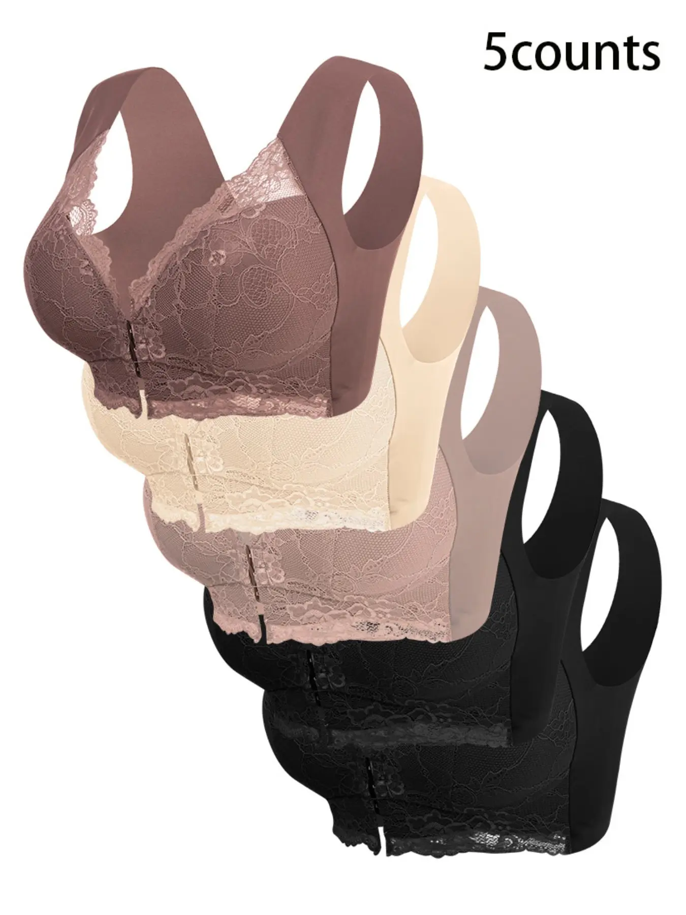 Women's 5-Piece Contrast Lace Hook Front Bra Set, Soft Comfortable Breathable Bras Wireless Lingerie, Casual Comfy Bra Ideal for Daily Wear Bra Pack