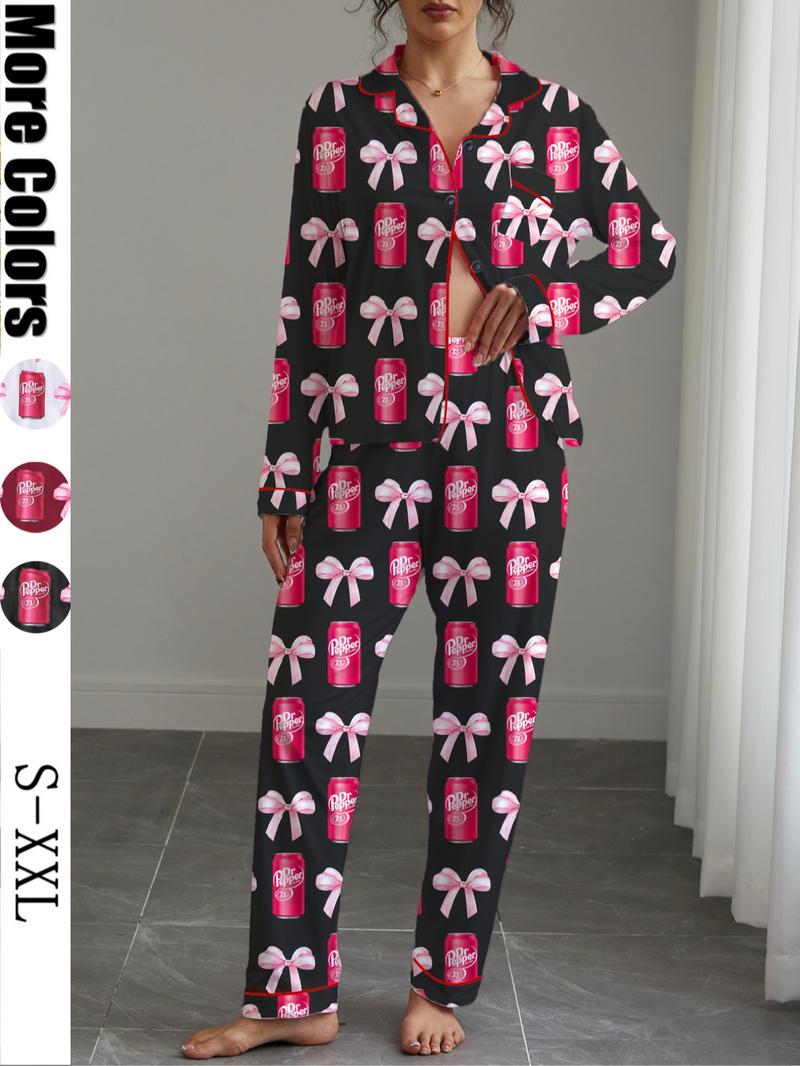 Dr Pepper,Women's Fall Winter Home Set, Soda Pattern Printed Sleepwear, Shirt Collar Button Long Sleeve Top and Loose Elastic Pants, Pajama Set