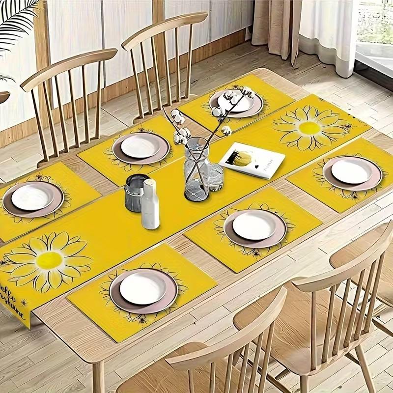 5/7-piece table flag+placemat combination Set, Decorative summer sunflower pattern design, Home Decor, suitable for kitchen, dining room, living room and indoor/outdoor wedding decoration