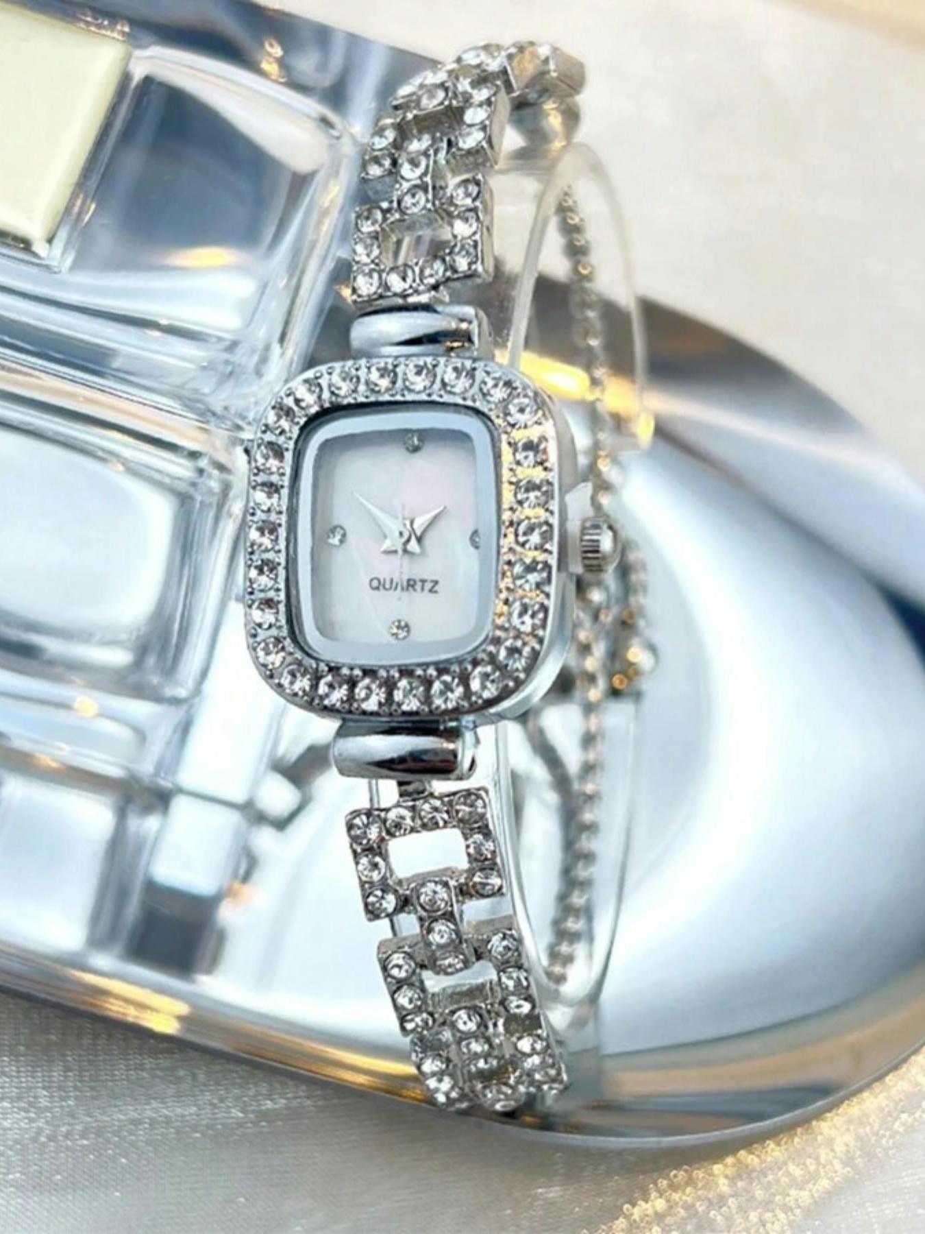 Women's Square Rhinestone Decor Watch, Hip-Hop Style Quartz Wristwatch with Adjustable Strap, Elegant Square Dial Stylish Watch for All Seasons, Rhinestone Watches