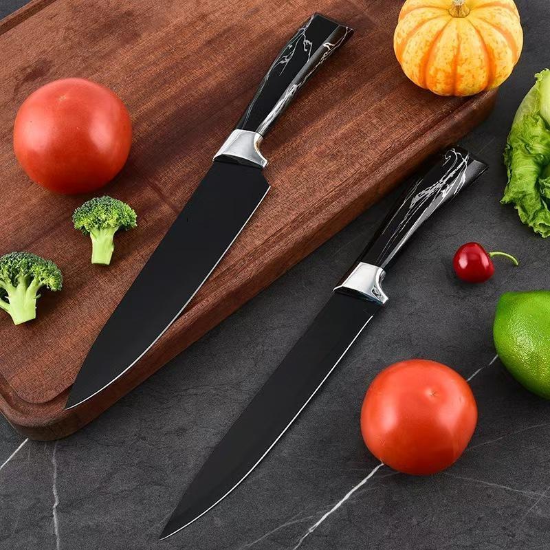 6 Piece Kitchen Knife Set – a chef power set with non-slip handles and steel blades. The set includes a chef knife, santoku knife,slicing knife,utility knife,and paring knife,designed for both durability and long-lasting sharpness.Block Colorful Stainless