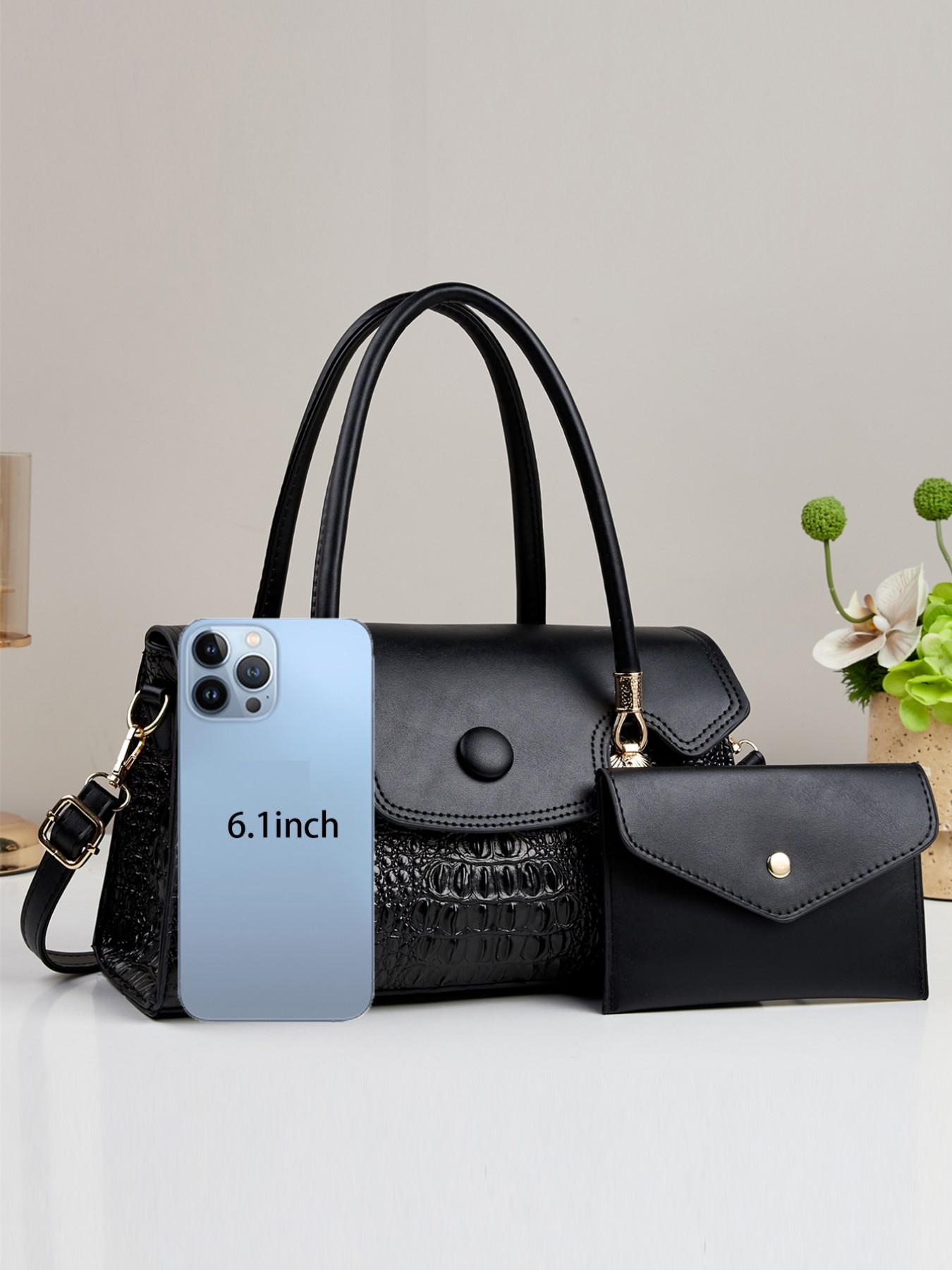 2pcs Women's Glossy Patent Leather Handbag & Clutch Set, Crocodile Pattern, Detachable Strap, Shoulder Crossbody Bag for Work, Travel & Party