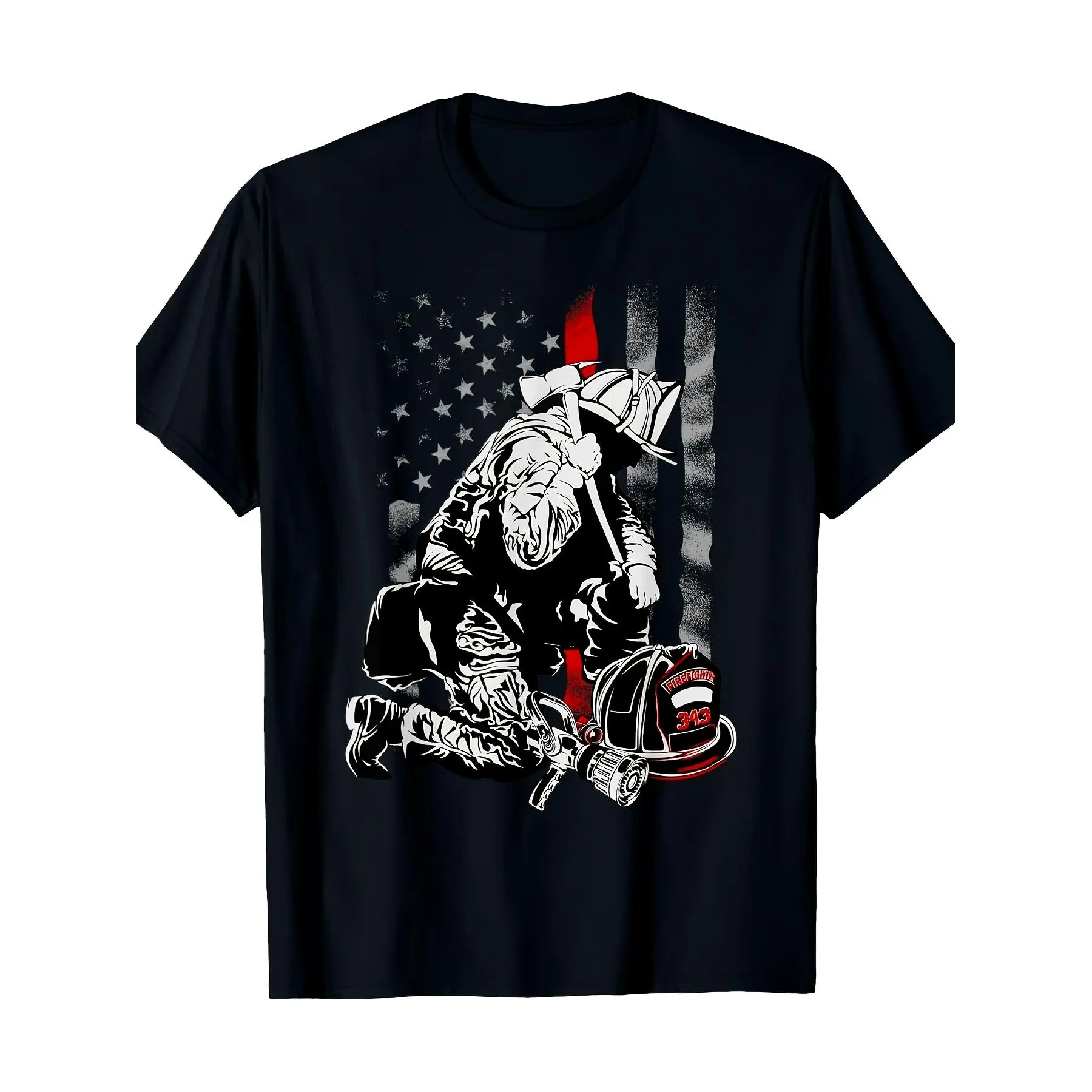 Fallen Fireman American Flag Thin Red Line Firefighter Top T-Shirt 180G Retro Casual Short-Sleeve T-Shirt with Round Neck And Printed Pattern Suitable for Daily Commuting And Outdoor Activities Machine Washable
