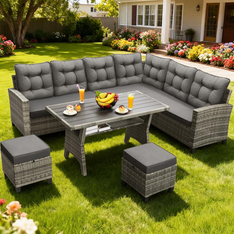 Viral Patio Pick! 6 Piece All Weather Wicker Set , Sectional Sofa Dining Chairs , Table , Cozy Outdoor Lounge for Poolside Hangouts, Friend Gatherings and Sunset Drinks , Durable Black Cushions