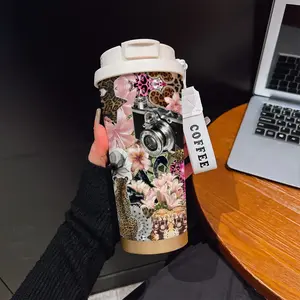 Abstract Leopard Camera Pattern Coffee Cup, Portable Dual Drink Insulated Tumbler, Keeps Warm/cold, Stylish, Office, Travel, Sports Essential
